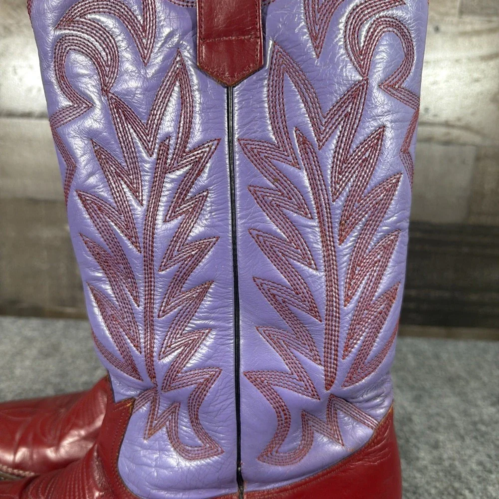 Vintage Botas Patros Leather Cowboy Boots Red Purple Stitch Western Cowgirl 10.5